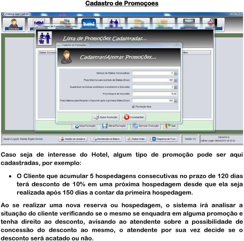 Ao se realizar uma nova reserva ou hospedagem, o sistema irá analisar a situação do cliente verificando se o mesmo se enquadra em alguma promoção e tenha