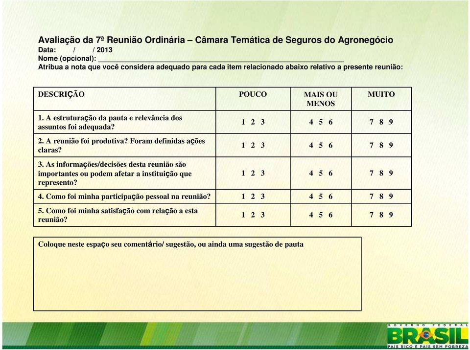 Foram definidas ações claras? 1 2 3 4 5 6 7 8 9 3. As informações/decisões desta reunião são importantes ou podem afetar a instituição que represento? 1 2 3 4 5 6 7 8 9 4.