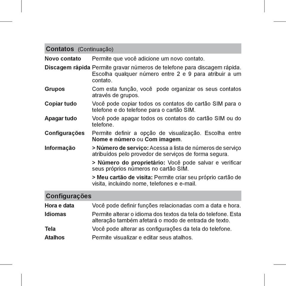 Copiar tudo Você pode copiar todos os contatos do cartão SIM para o telefone e do telefone para o cartão SIM. Apagar tudo Você pode apagar todos os contatos do cartão SIM ou do telefone.