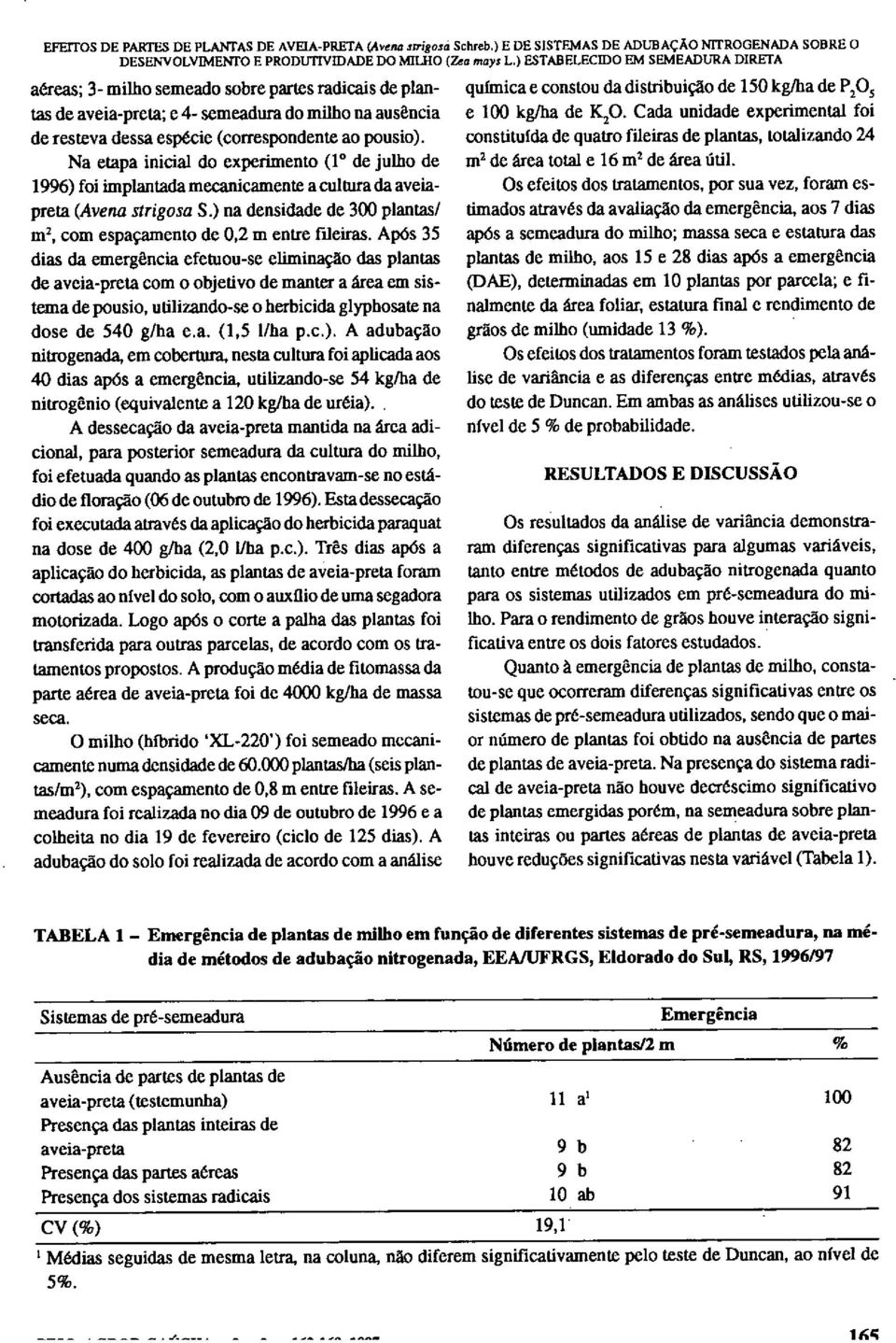 Na etapa inicial do experimento (1 de julho de 1996) foi implantada mecanicamente a cultura da aveiapreta (Avena strigosa S.) na densidade de 300 plantas/ m2, com espaçamento de 0,2 m entre fileiras.