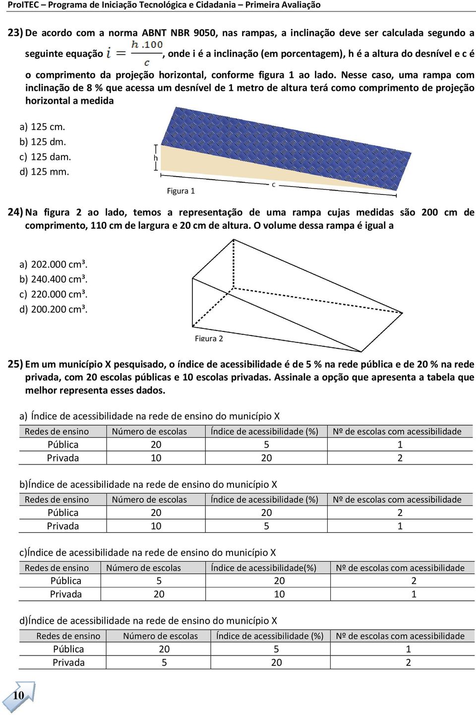 Nesse caso, uma rampa com inclinação de 8 % que acessa um desnível de 1 metro de altura terá como comprimento de projeção horizontal a medida a) 125 cm. b) 125 dm. c) 125 dam. d) 125 mm.