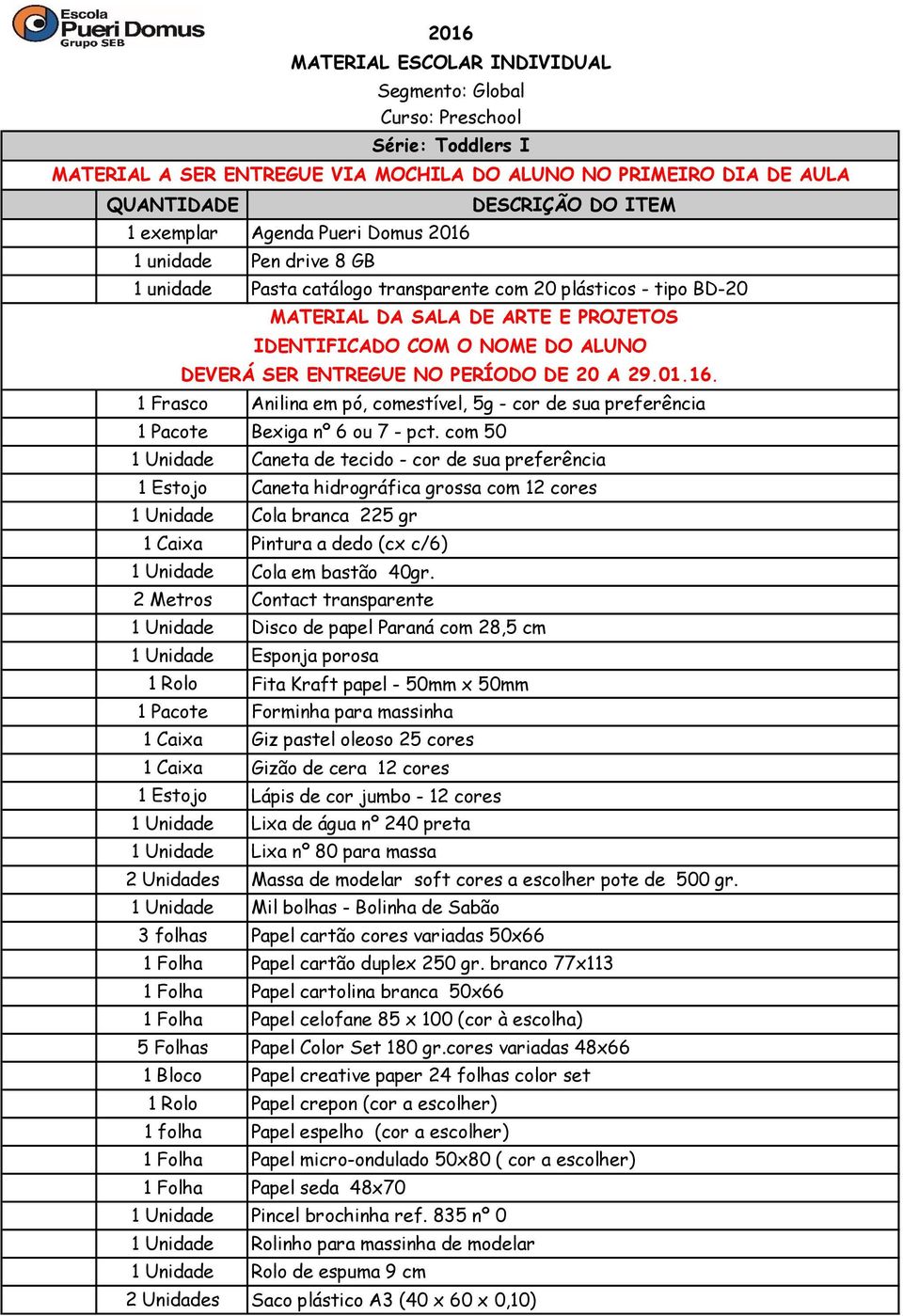 ENTREGUE NO PERÍODO DE 20 A 29.01.16. 1 Frasco Anilina em pó, comestível, 5g - cor de sua preferência 1 Pacote Bexiga nº 6 ou 7 - pct.