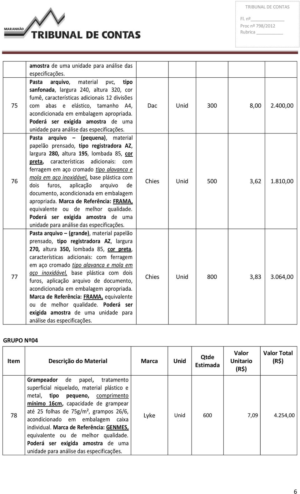 inoxidável, base plástica com dois furos, aplicação arquivo de documento, acondicionada em embalagem apropriada.