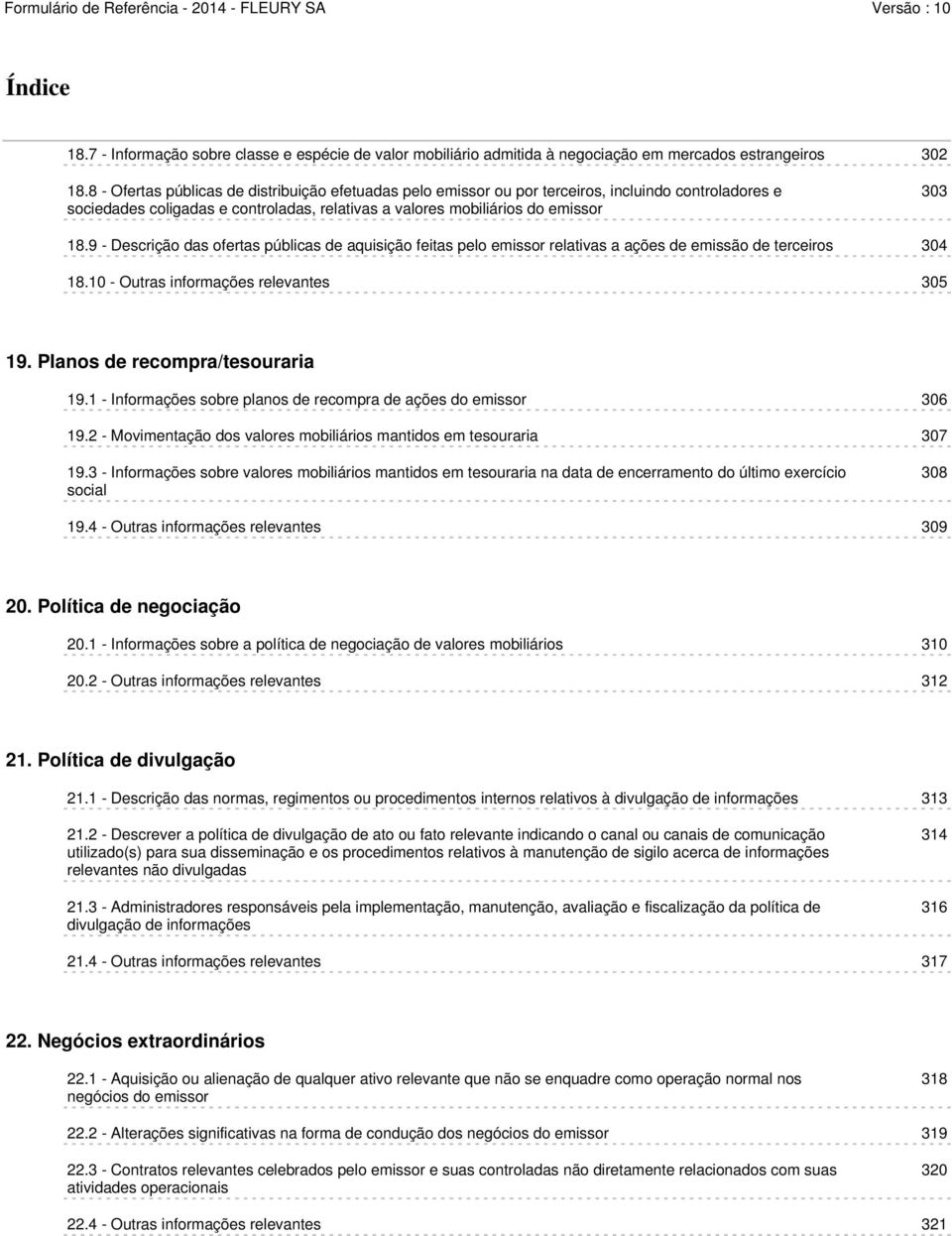 9 - Descrição das ofertas públicas de aquisição feitas pelo emissor relativas a ações de emissão de terceiros 304 18.10 - Outras informações relevantes 305 19. Planos de recompra/tesouraria 19.