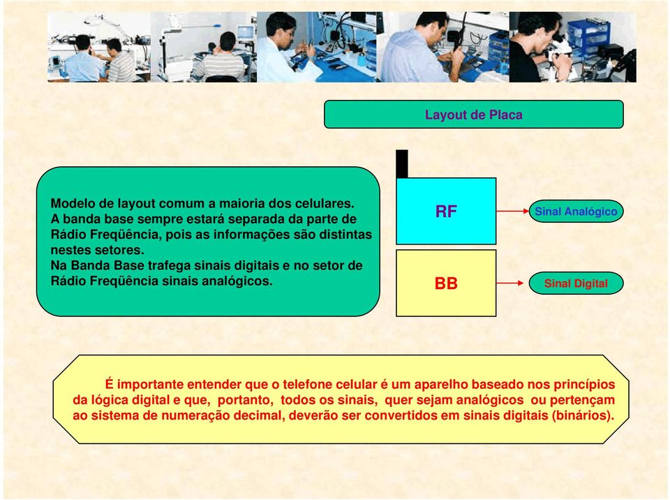 Na Banda Base trafega sinais digitais e no setor de Rádio Freqüência sinais analógicos.