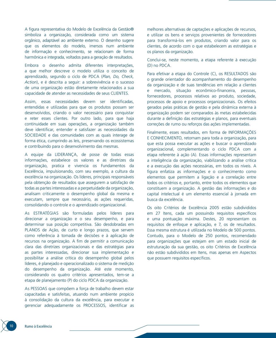 Embora o desenho admita diferentes interpretações, a que melhor descreve o modelo utiliza o conceito de aprendizado, segundo o ciclo de PDCA (Plan, Do, Check, Action), e é descrita a seguir: a