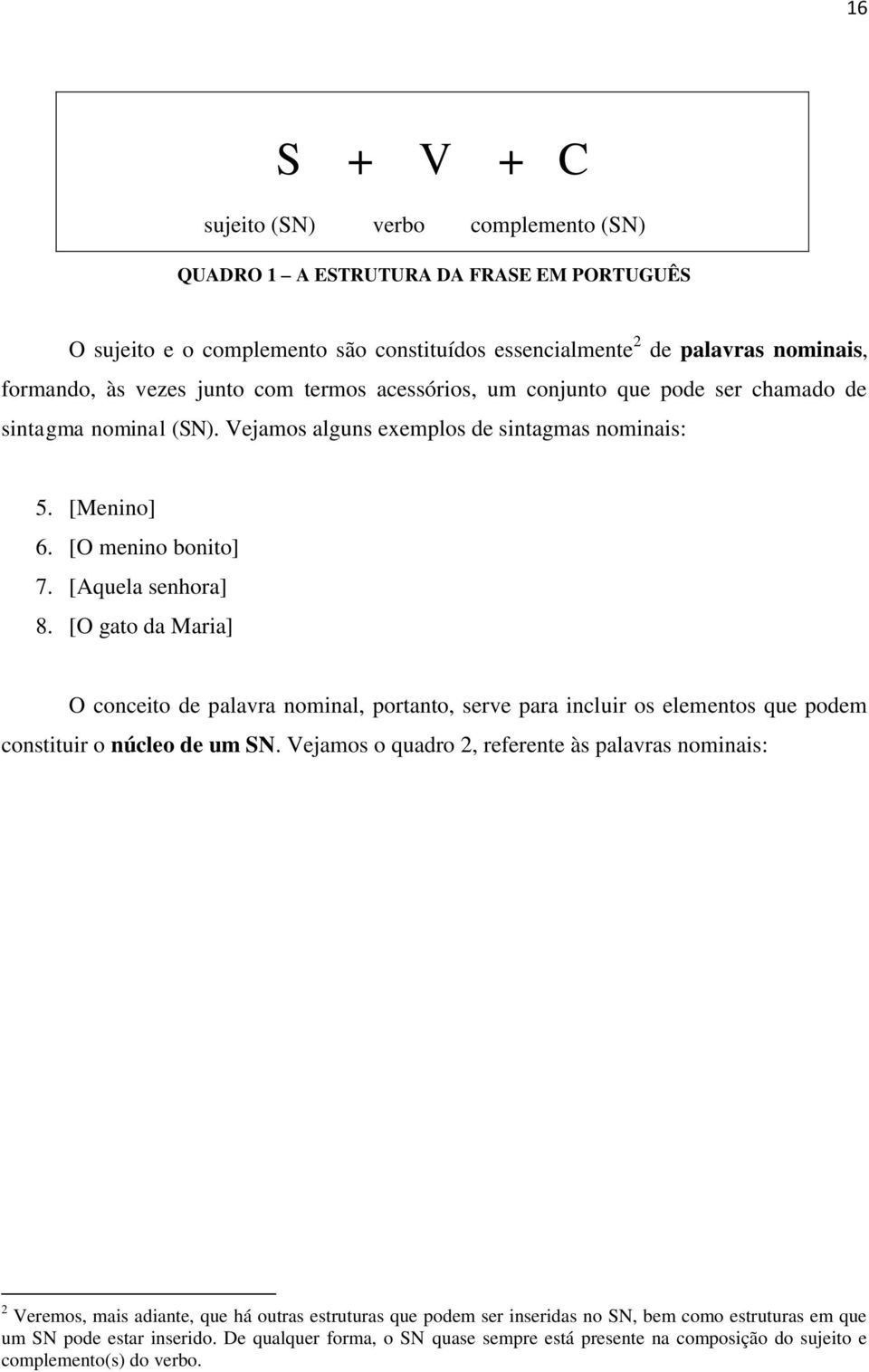 [O gato da Maria] O conceito de palavra nominal, portanto, serve para incluir os elementos que podem constituir o núcleo de um SN.