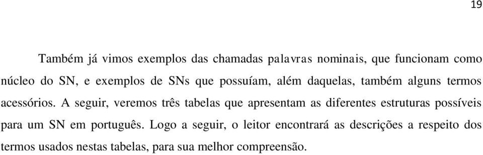 A seguir, veremos três tabelas que apresentam as diferentes estruturas possíveis para um SN em