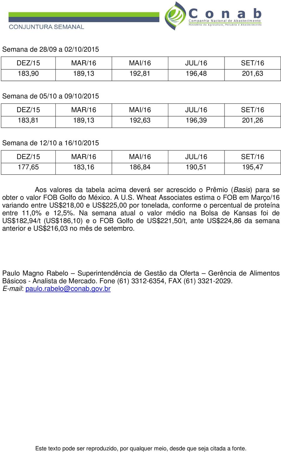 Na semana atual o valor médio na Bolsa de Kansas foi de US$82,94/t (US$86,0) e o FOB Golfo de US$22,50/t, ante US$224,86 da semana anterior e US$26,03 no mês de setembro.