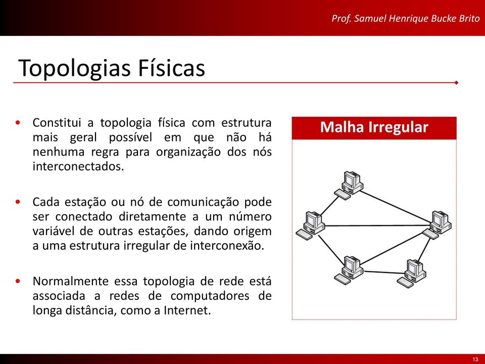 Malha Irregular Cada estação ou nó de comunicação pode ser conectado diretamente a um número variável de