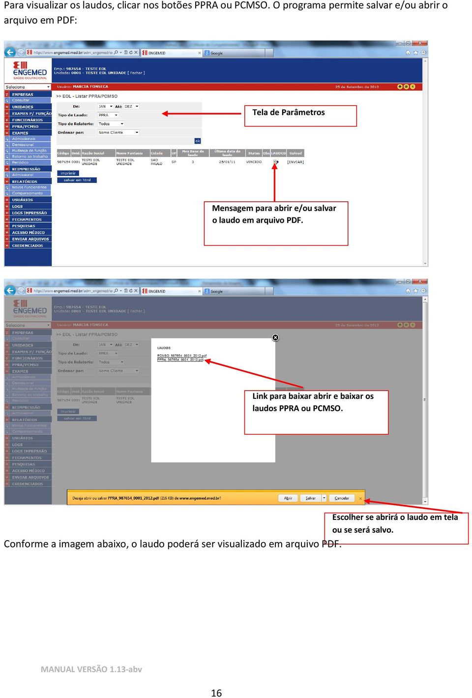 e/ou salvar o laudo em arquivo PDF. Link para baixar abrir e baixar os laudos PPRA ou PCMSO.