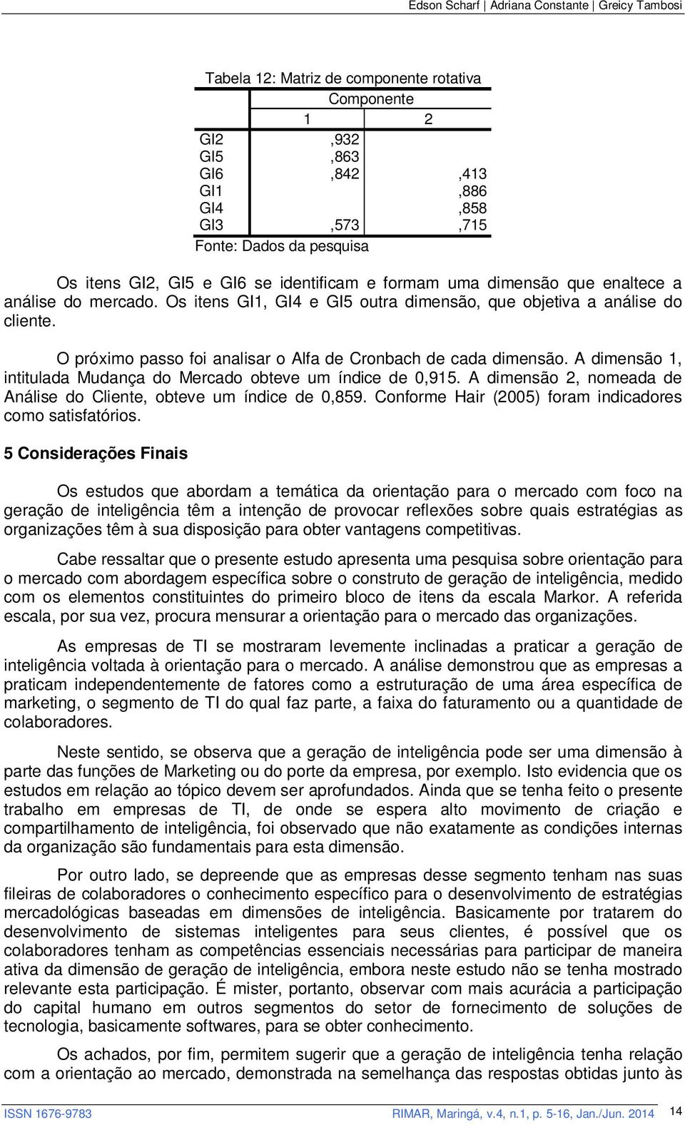 A dimensão 1, intitulada Mudança do Mercado obteve um índice de 0,915. A dimensão 2, nomeada de Análise do Cliente, obteve um índice de 0,859.