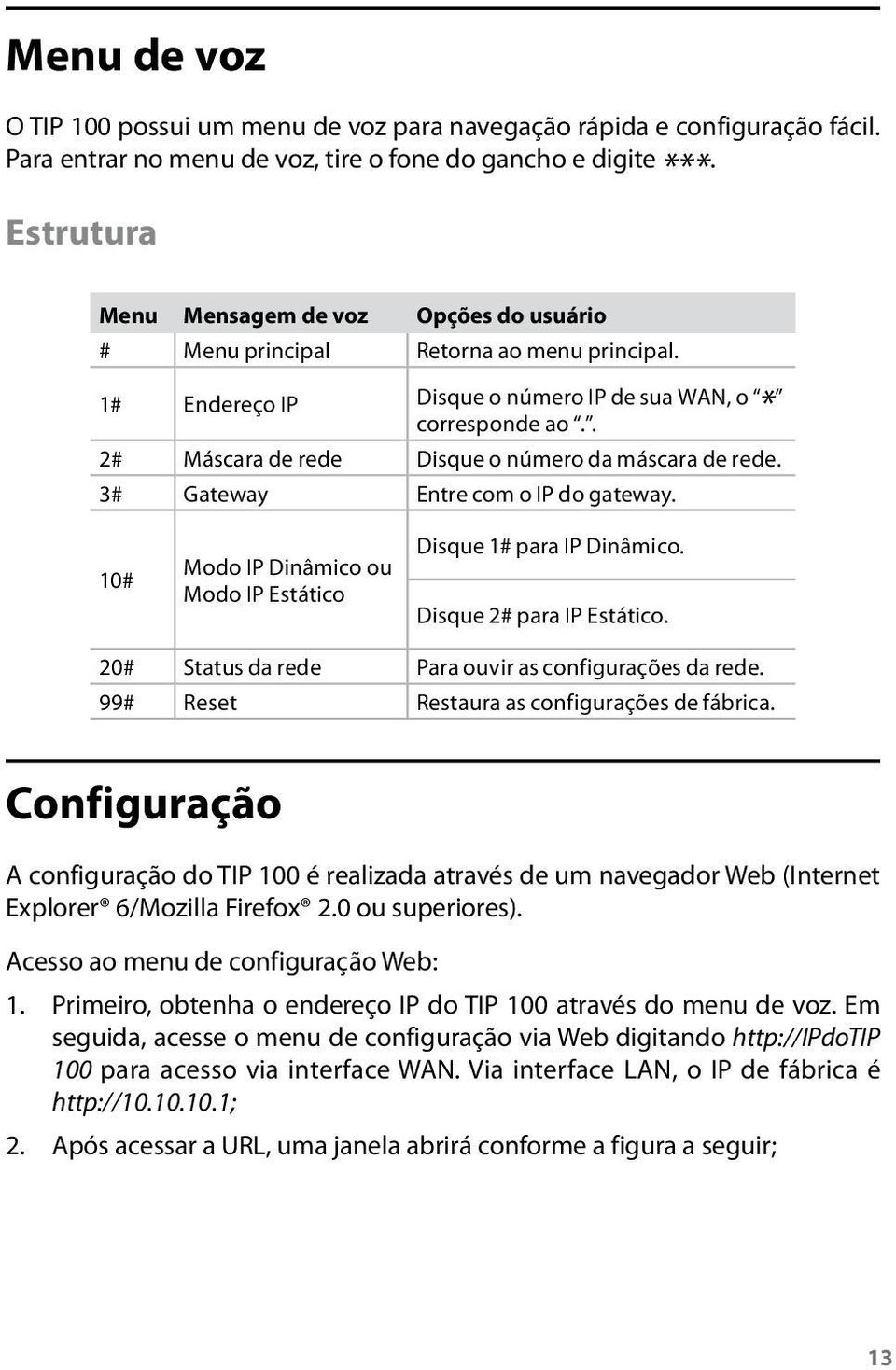 . 2# Máscara de rede Disque o número da máscara de rede. 3# Gateway Entre com o IP do gateway. 10# Modo IP Dinâmico ou Modo IP Estático Disque 1# para IP Dinâmico. Disque 2# para IP Estático.