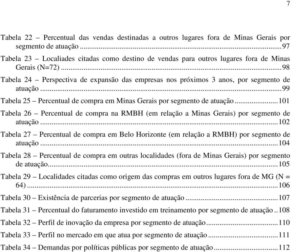 .. 98 Tabela 24 Perspectiva de expansão das empresas nos próximos 3 anos, por segmento de atuação... 99 Tabela 25 Percentual de compra em Minas Gerais por segmento de atuação.