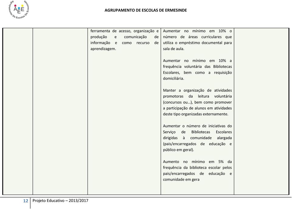 Aumentar no mínimo em 10% a frequência voluntária das Bibliotecas Escolares, bem como a requisição domiciliária.