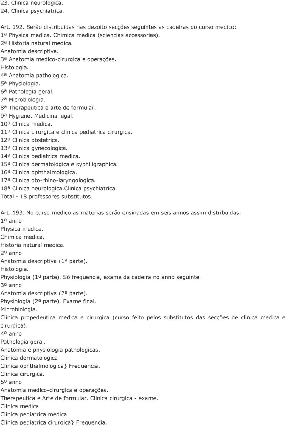 8ª Therapeutica e arte de formular. 9ª Hygiene. Medicina legal. 10ª Clinica medica. 11ª Clinica cirurgica e clinica pediatrica cirurgica. 12ª Clinica obstetrica. 13ª Clinica gynecologica.