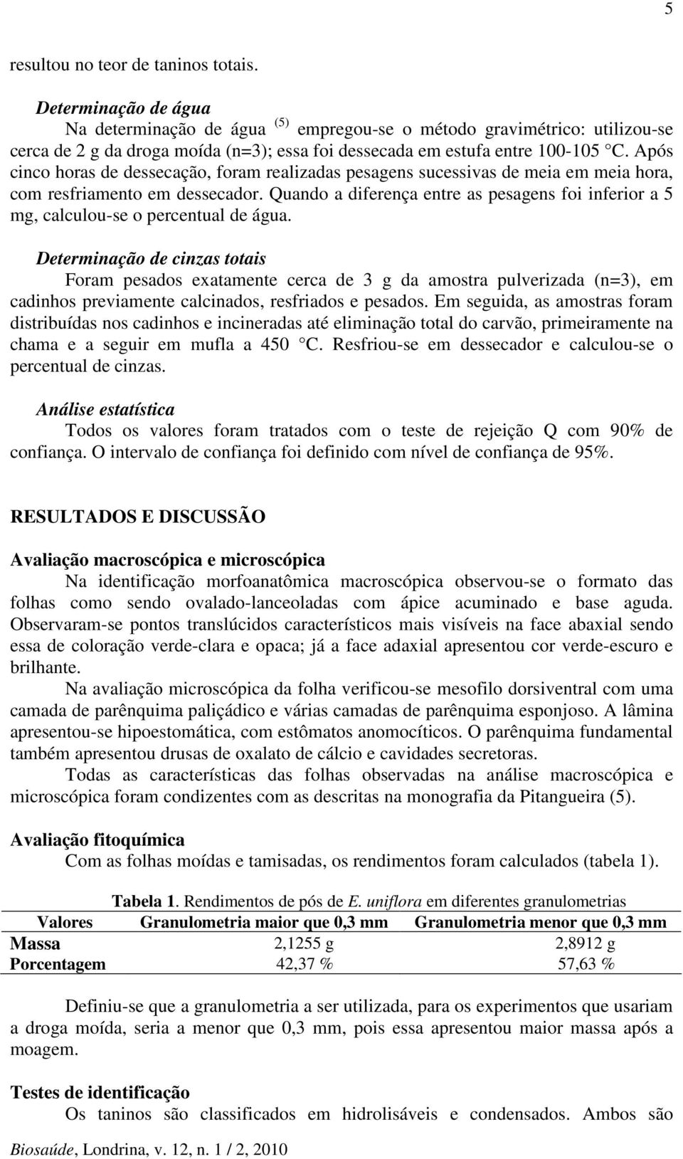 Após cinco horas de dessecação, foram realizadas pesagens sucessivas de meia em meia hora, com resfriamento em dessecador.