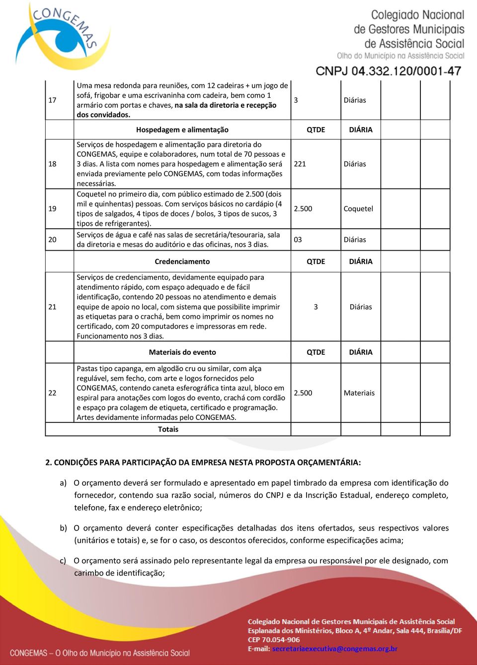 A lista com nomes para hospedagem e alimentação será enviada previamente pelo CONGEMAS, com todas informações necessárias. Coquetel no primeiro dia, com público estimado de 2.