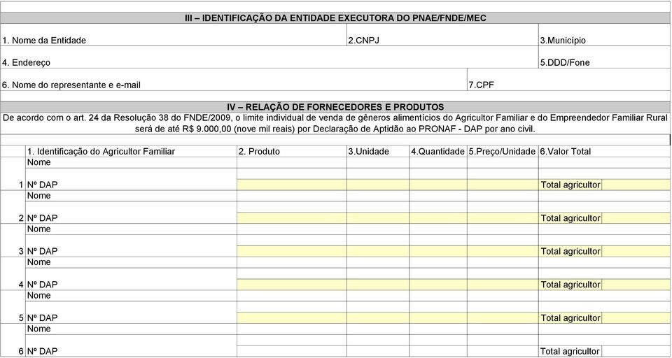 24 da Resolução 38 do FNDE/2009, o limite individual de venda de gêneros alimentícios do Agricultor Familiar e do Empreendedor Familiar Rural será de até R$ 9.