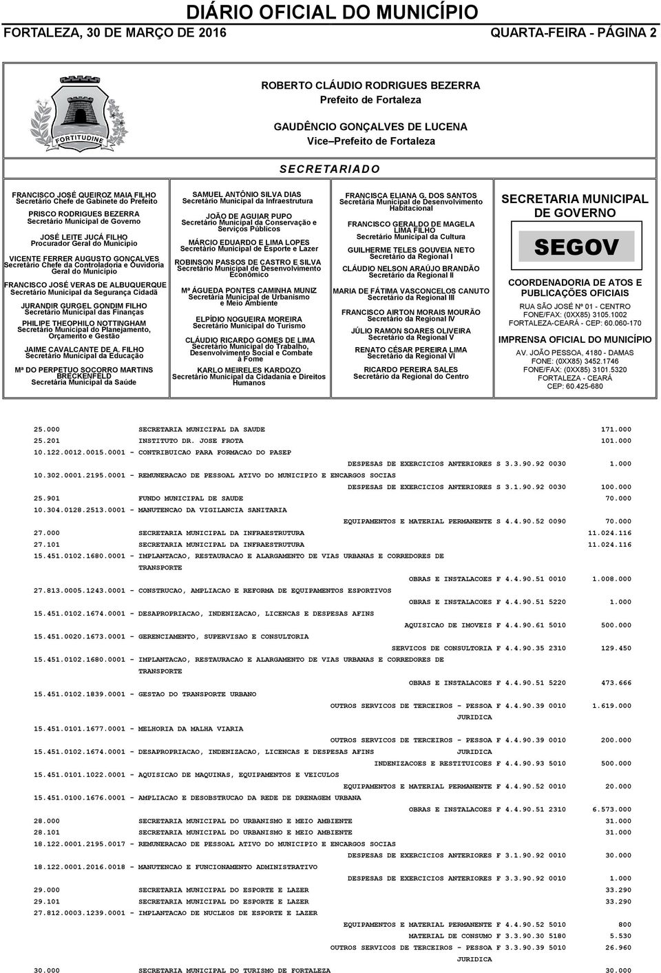 GONÇALVES Secretário Chefe da Controladoria e Ouvidoria Geral do Município FRANCISCO JOSÉ VERAS DE ALBUQUERQUE Secretário Municipal da Segurança Cidadã JURANDIR GURGEL GONDIM FILHO Secretário