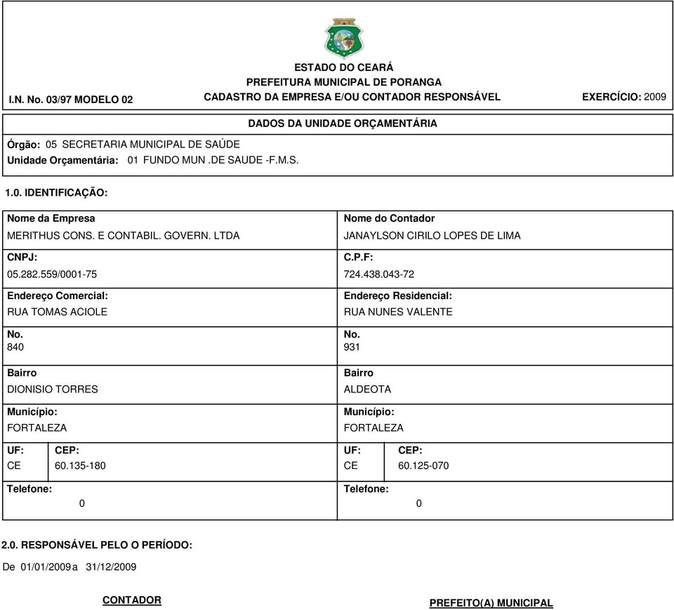 Orçamentária: 01 FUNDO MUN.DE SAUDE -F.M.S. 1.0. IDENTIFICAÇÃO: Nome da Empresa MERITHUS CONS. E CONTABIL. GOVERN. LTDA CNPJ: 05.282.