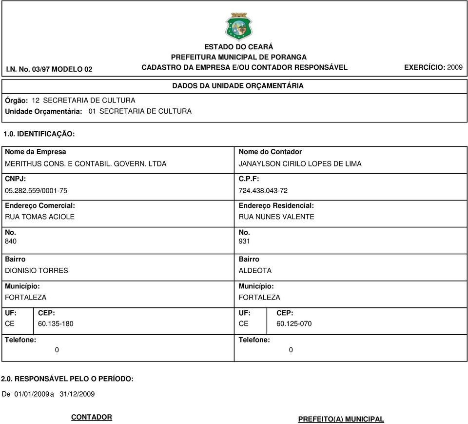 01 SECRETARIA DE CULTURA 1.0. IDENTIFICAÇÃO: Nome da Empresa MERITHUS CONS. E CONTABIL. GOVERN. LTDA CNPJ: 05.282.