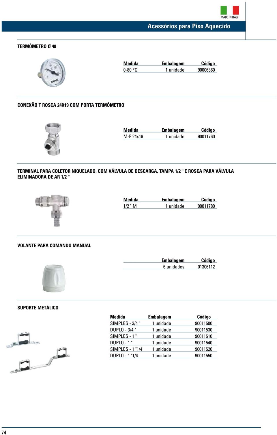 PARA COMANDO MANUAL Embalagem Código 6 unidades 01306112 26,76 SUPORTE METÁLICO SIMPLES - 3/4 " 1 unidade 90011500 38,19 duplo - 3/4 " 1 unidade 90011530