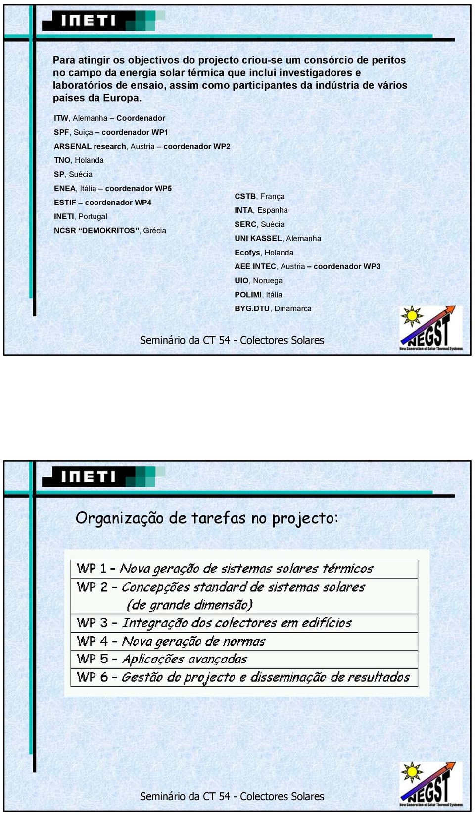 ITW, Alemanha Coordenador SPF, Suiça coordenador WP1 ARSENAL research, Austria coordenador WP2 TNO, Holanda SP, Suécia ENEA, Itália coordenador WP5 CSTB,