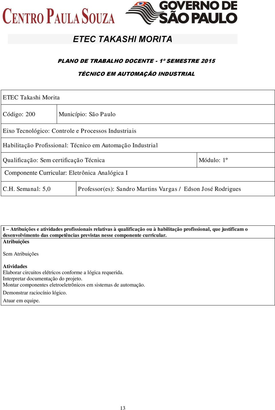 bilitação Profissional: Técnico em Automação Industrial Qualificação: Sem certificação Técnica Módulo: 1º Componente Curricular: Eletrônica Analógica I C.H.