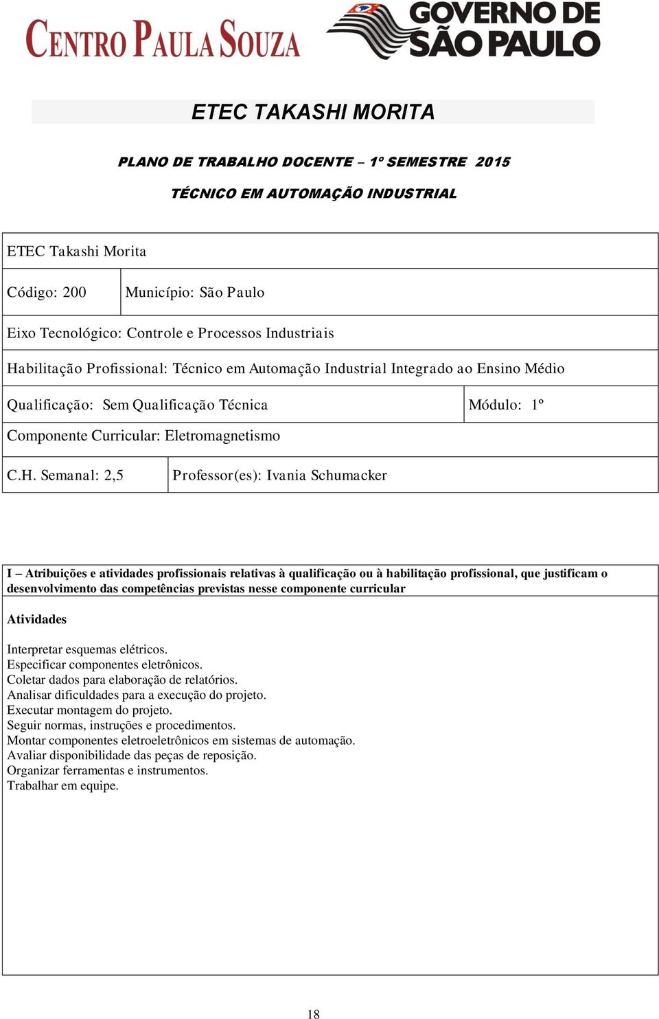 Professor(es): Ivania Schumacker I Atribuições e atividades profissionais relativas à qualificação ou à habilitação profissional, que justificam o desenvolvimento das competências previstas nesse