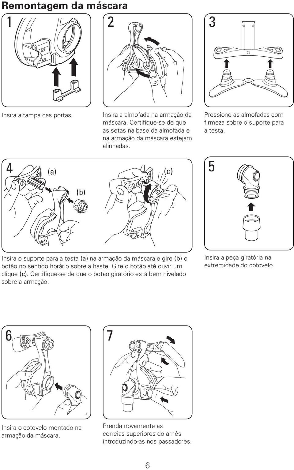 Insira o suporte para a testa (a) na armação da máscara e gire (b) o botão no sentido horário sobre a haste. Gire o botão até ouvir um clique (c).