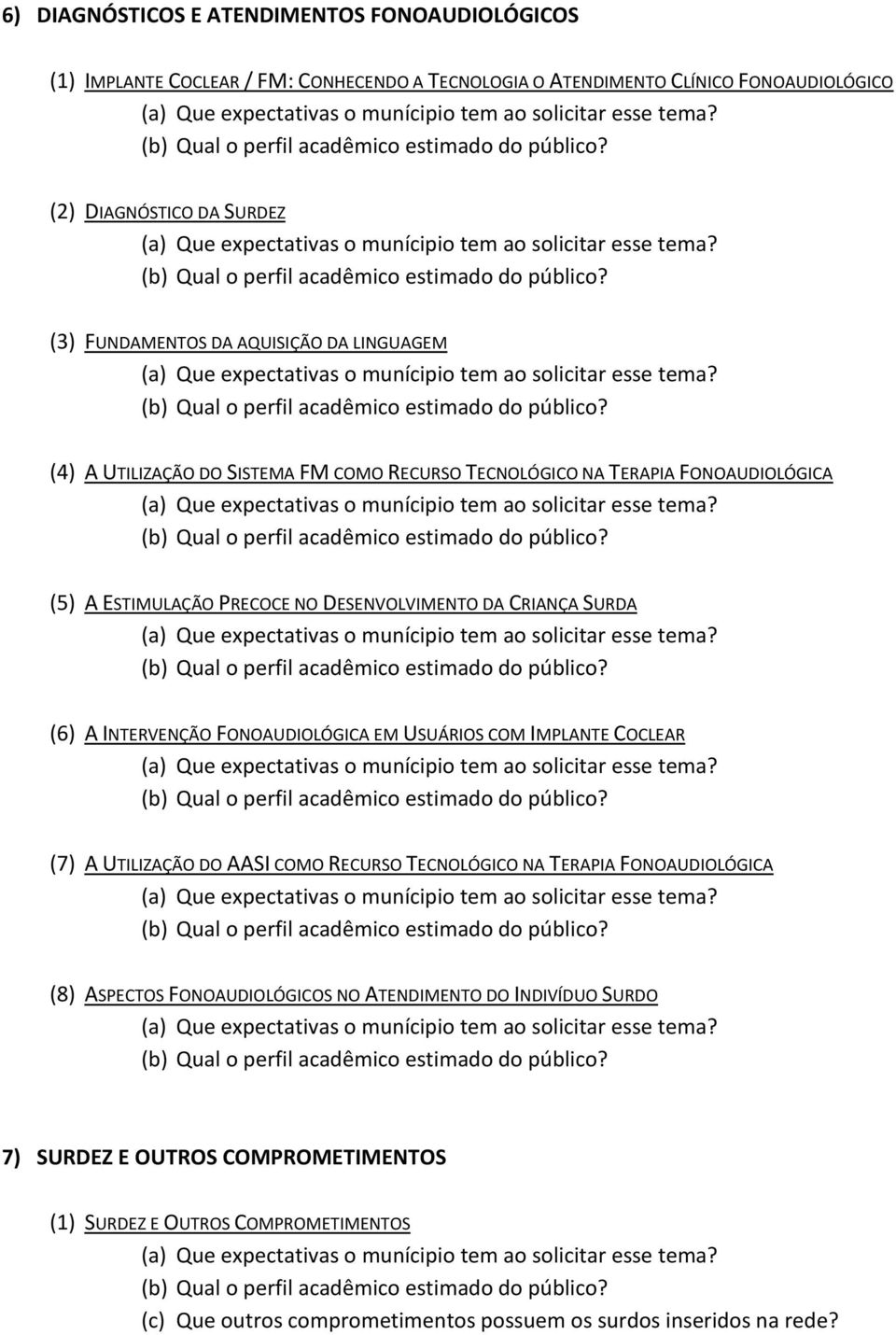 CRIANÇA SURDA (6) A INTERVENÇÃO FONOAUDIOLÓGICA EM USUÁRIOS COM IMPLANTE COCLEAR (7) A UTILIZAÇÃO DO AASI COMO RECURSO TECNOLÓGICO NA TERAPIA FONOAUDIOLÓGICA (8) ASPECTOS