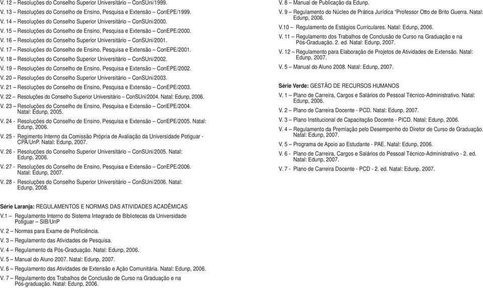V. 18 Resoluções do Conselho Superior Universitário ConSUni/2002. V. 19 Resoluções do Conselho de Ensino, Pesquisa e Extensão ConEPE/2002. V. 20 Resoluções do Conselho Superior Universitário ConSUni/2003.