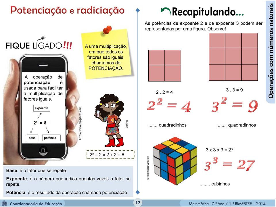 .. As potências de expoente 2 e de expoente 3 podem ser representadas por uma figura. Observe! 2. 2 = 4 3.