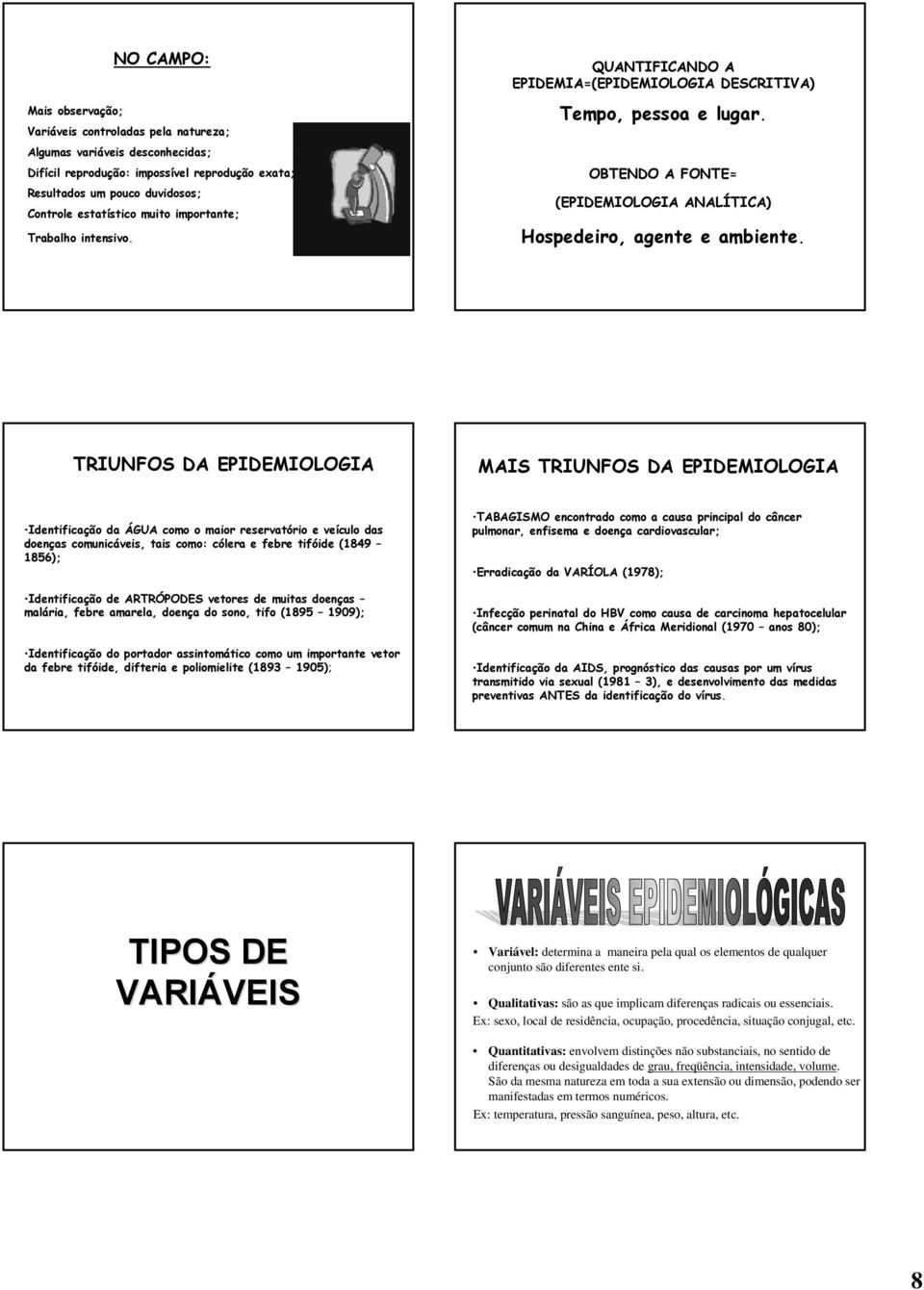 TRIUNFOS DA EPIDEMIOLOGIA MAIS TRIUNFOS DA EPIDEMIOLOGIA Identificação da ÁGUA como o maior reservatório e veículo das doenças comunicáveis, tais como: cólera e febre tifóide (1849 1856);