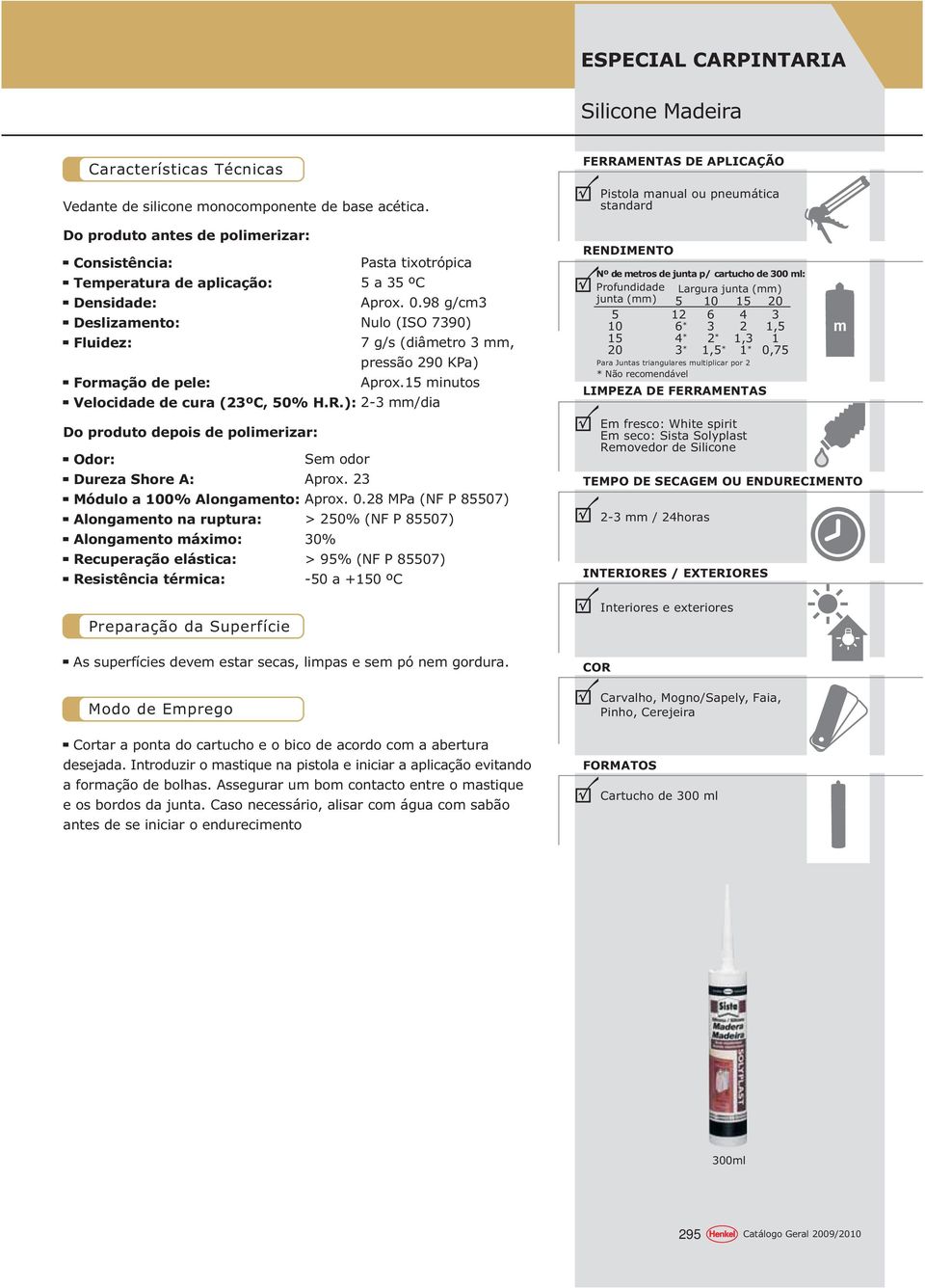 98 g/cm3 Deslizamento: Nulo (ISO 7390) Fluidez: 7 g/s (diâmetro 3 mm, pressão 290 KPa) Formação de pele: Aprox.15 minutos Velocidade de cura (23ºC, 50% H.R.