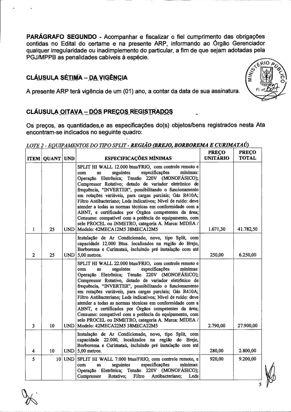 MÁ vqêçja (irin$ o A presente ARP terá vigência de um (01) ano, a contar da data de sua assinatura.