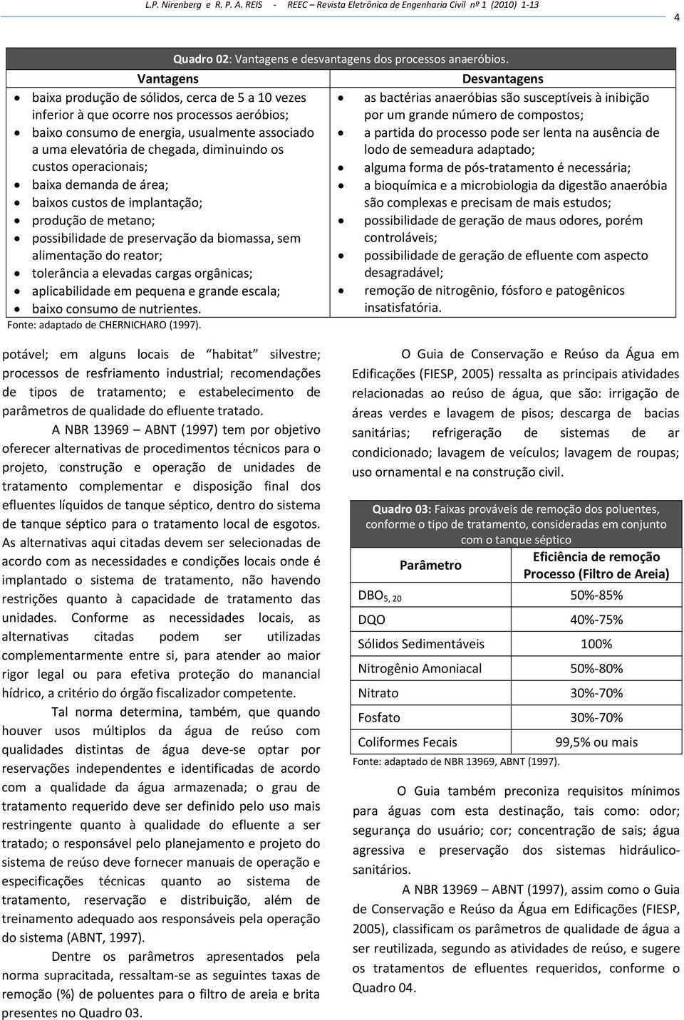 orgânicas; aplicabilidade em pequena e grande escala; baixo consumo de nutrientes. Fonte: adaptado de CHERNICHARO (1997). Quadro 02: Vantagens e desvantagens dos processos anaeróbios.