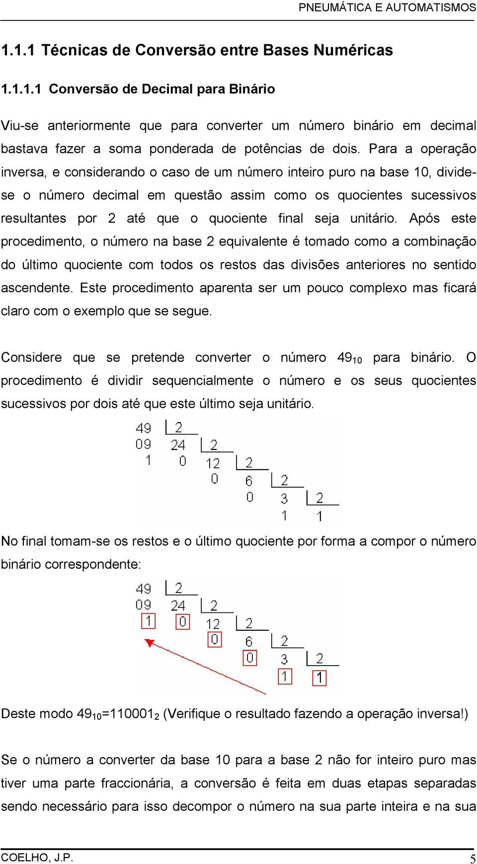 final seja unitário. Após este procedimento, o número na base 2 equivalente é tomado como a combinação do último quociente com todos os restos das divisões anteriores no sentido ascendente.