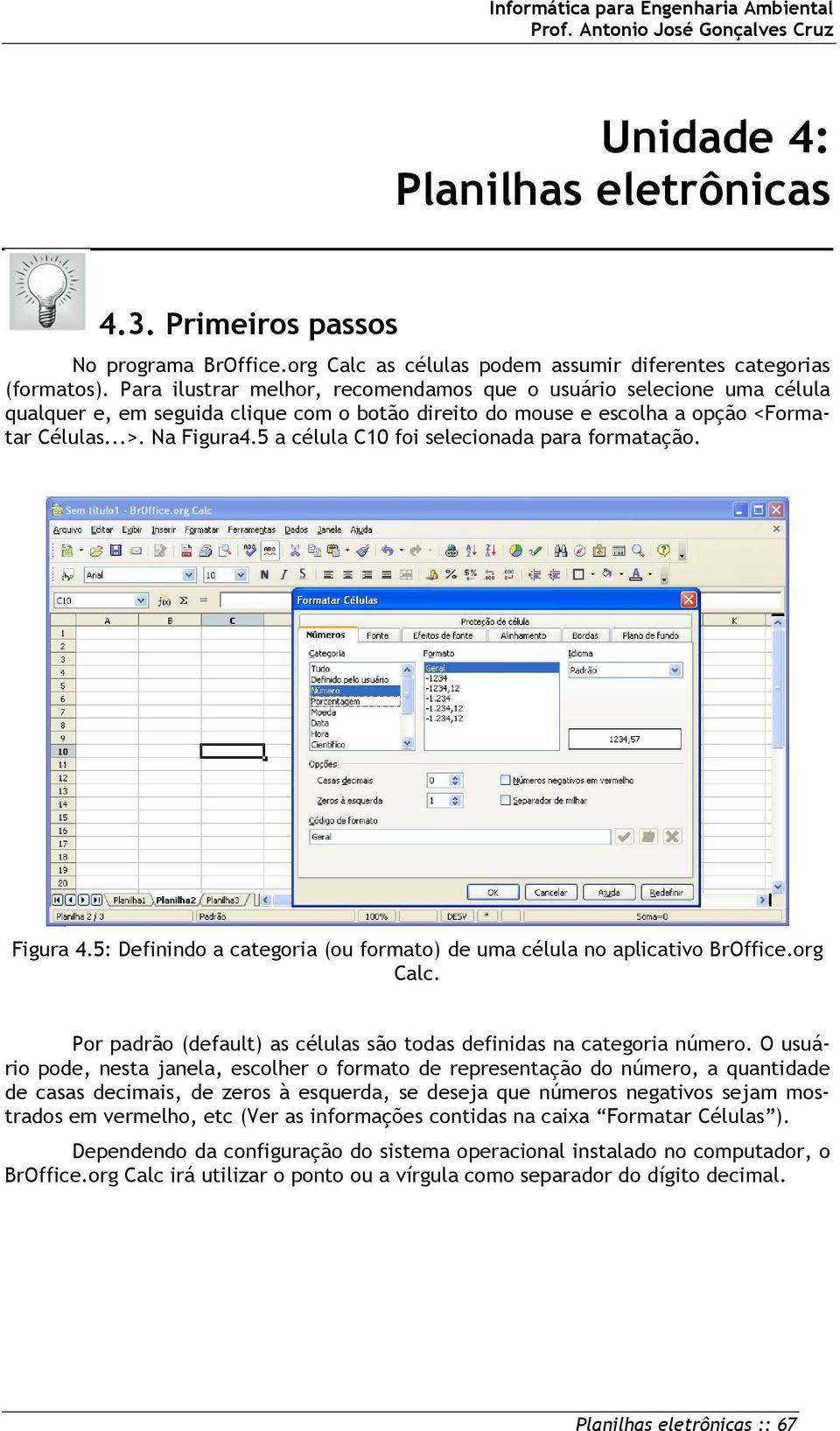 5 a célula C10 foi selecionada para formatação. Figura 4.5: Definindo a categoria (ou formato) de uma célula no aplicativo BrOffice.org Calc.