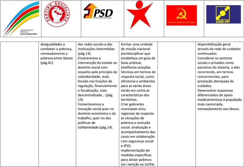 14). Fomentaremos a inovação social quer no domínio económico e do trabalho, quer no das políticas de solidariedade (pág.14). formar uma unidade de missão nacional pluridisciplinar que estabeleça um