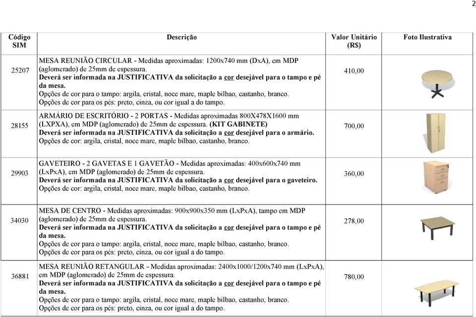 aproximadas: 400x600x740 mm (LxPxA), em MDP Deverá ser informada na JUSTIFICATIVA da solicitação a cor desejável para o gaveteiro.