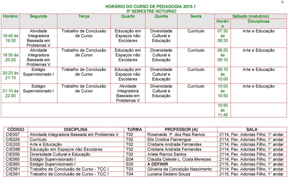 Arte e Arte e Arte e 6 CIE557 Problemas V T02 Rosenaide P. dos Reis Ramos 2114, Pav. Adonias Filho, 1 andar CIE029 Currículo T02 Elis Cristina Fiamengue 2114, Pav.