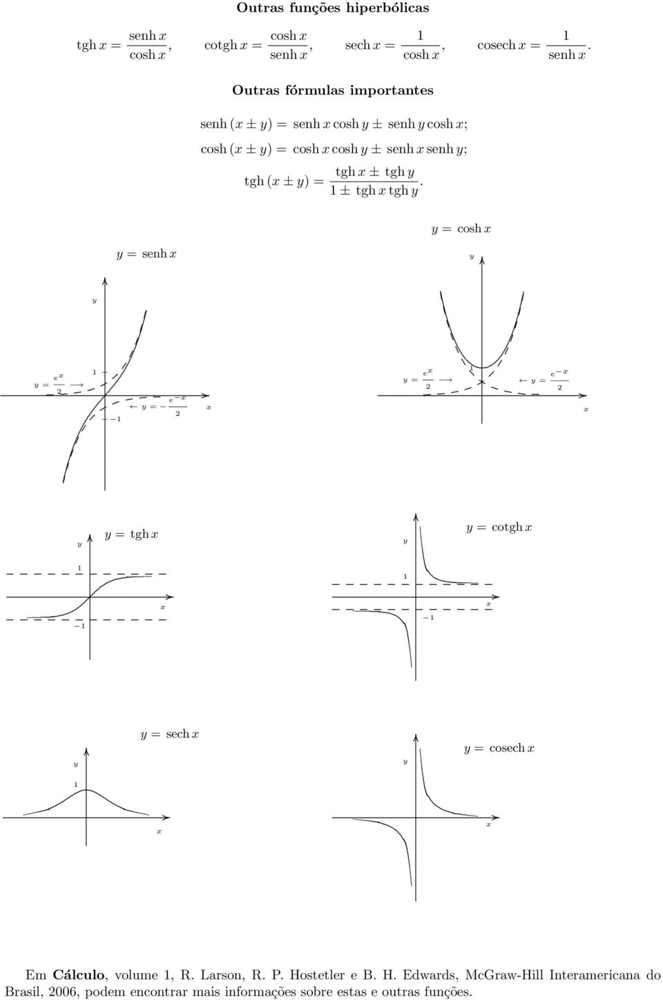 tgh = cosh = senh = e = e = e = e = tgh = cotgh = sech = cosech Em Cálculo, volume, R Larson, R P Hostetler e