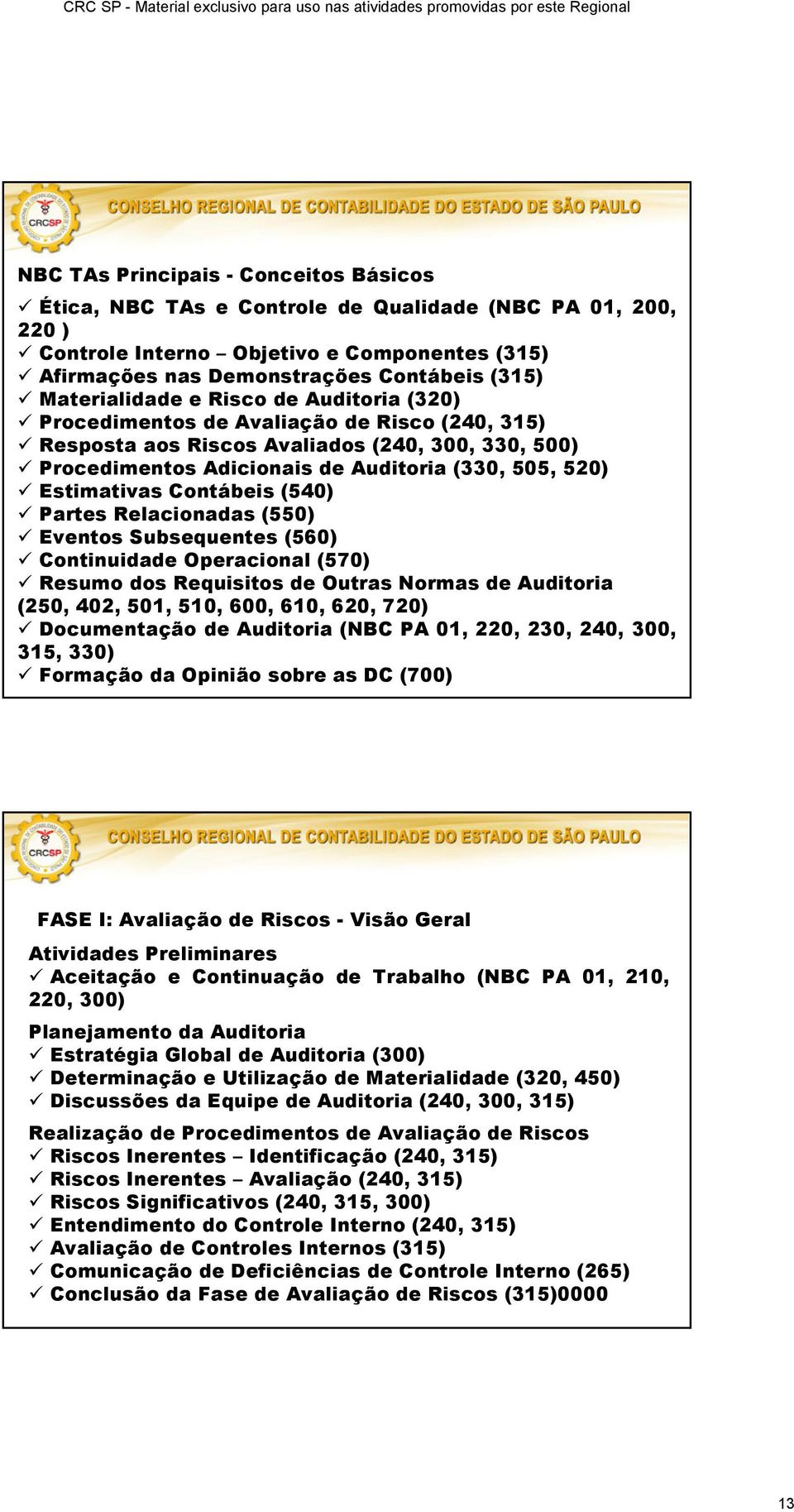 Estimativas Contábeis (540) Partes Relacionadas (550) Eventos Subsequentes (560) Continuidade Operacional (570) Resumo dos Requisitos de Outras Normas de Auditoria (250, 402, 501, 510, 600, 610, 620,