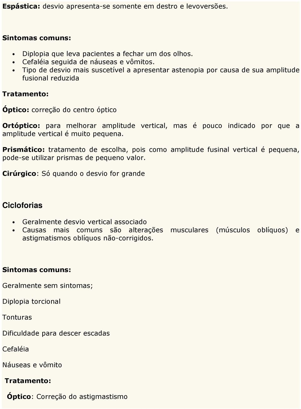 pouco indicado por que a amplitude vertical é muito pequena. Prismático: tratamento de escolha, pois como amplitude fusinal vertical é pequena, pode-se utilizar prismas de pequeno valor.