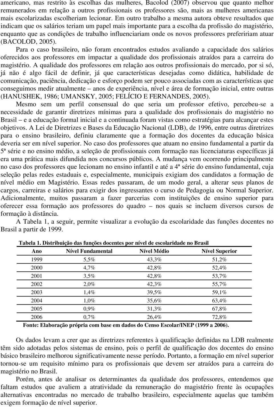 Em outro trabalho a mesma autora obteve resultados que indicam que os salários teriam um papel mais importante para a escolha da profissão do magistério, enquanto que as condições de trabalho