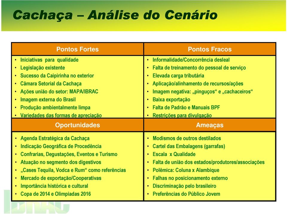 Atuação no segmento dos digestivos Cases Tequila, Vodca e Rum como referências Mercado de exportação/cooperativas Importância histórica e cultural Copa de 2014 e Olimpiadas 2016