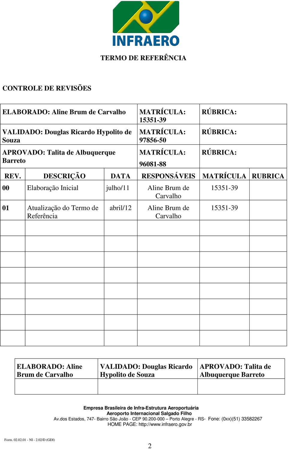 DESCRIÇÃO DATA RESPONSÁVEIS MATRÍCULA RUBRICA 00 Elaboração Inicial julho/11 Aline Brum