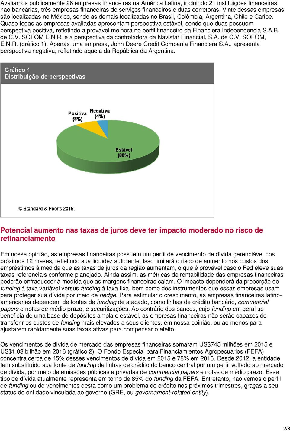 Quase todas as empresas avaliadas apresentam perspectiva estável, sendo que duas possuem perspectiva positiva, refletindo a provável melhora no perfil financeiro da Financiera Independencia S.A.B.